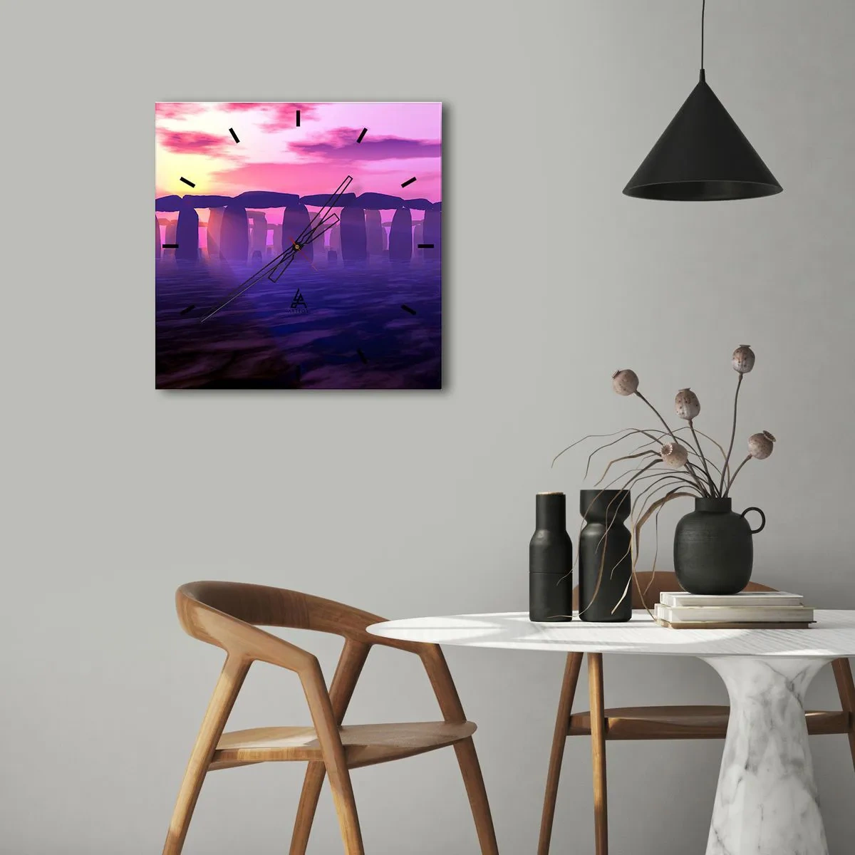 Horloge murale - Pendule murale - Cercle de pierres au coucher du soleil avec un ciel violet - 30x30cm - Mystère à l'aube dans le brouillard - Décoration murale moderne pour le salon et la chambre ARTTOR