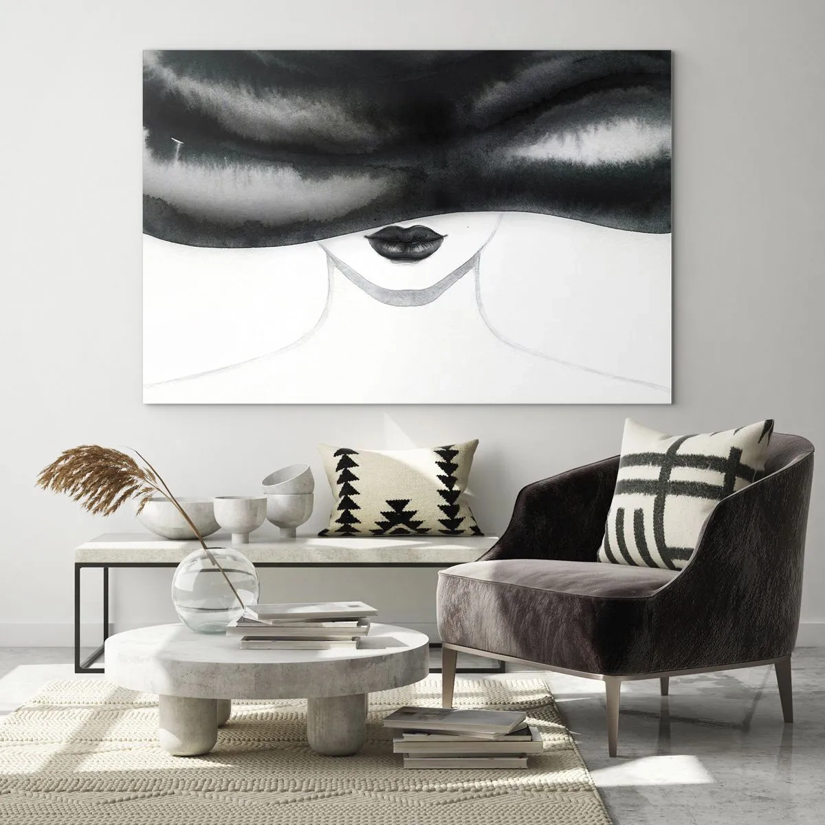 Impression sur verre - Image sur verre - Visage mystérieux aux yeux couverts à l'aquarelle noir et blanc - 70x50cm - Un mystère sensuel - Décoration murale moderne pour le salon et la chambre ARTTOR