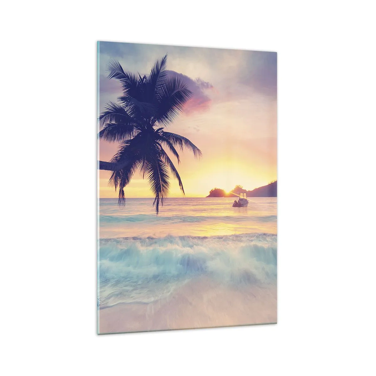 Impression sur verre - Image sur verre - Plage avec un palmier et un coucher de soleil sur l'océan - 70x100cm - Une soirée à la baie - Décoration murale moderne pour le salon et la chambre ARTTOR