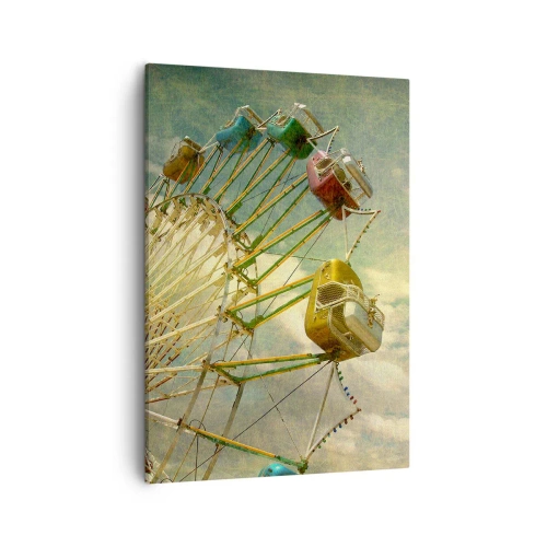 Impression sur toile - Image sur toile - Photo rétro d'une grande roue avec des palmiers contre le ciel - 50x70cm - On va faire la fête - Décoration murale moderne pour le salon et la chambre ARTTOR