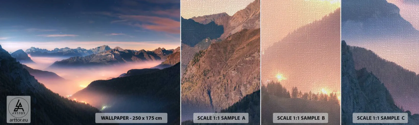 Échantillon de Papier Peint Premium Canvas - Lumière dans les vallées - Paysage, Montagnes, Forêt - 100x30 cm