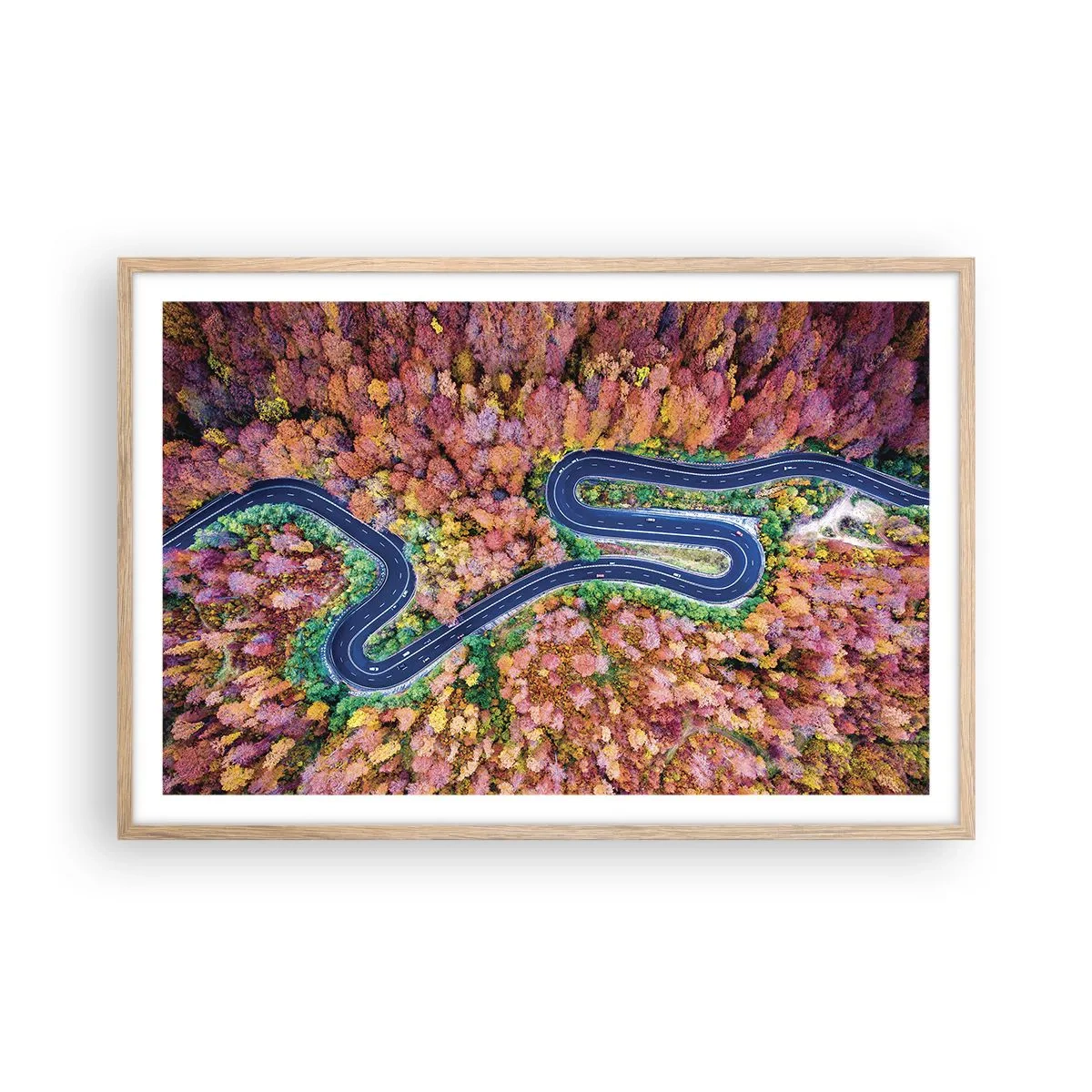 Affiche dans un chêne clair - Poster - Route sinueuse à travers la forêt - 91x61 cm