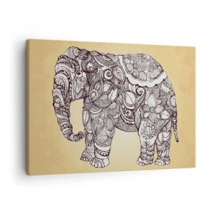 Impression sur toile - Image sur toile - Éléphant dessiné à la main avec un motif orné sur un fond beige - 70x50cm - L'éléphant s'est apprêté - Décoration murale moderne pour le salon et la chambre ARTTOR
