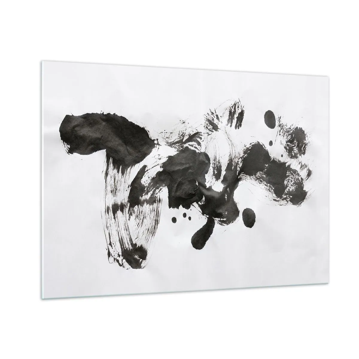 Impression sur verre - Image sur verre - Tache noire abstraite et coups de pinceau sur fond blanc - 100x70cm - De la méthode dans la folie ? - Décoration murale moderne pour le salon et la chambre ARTTOR