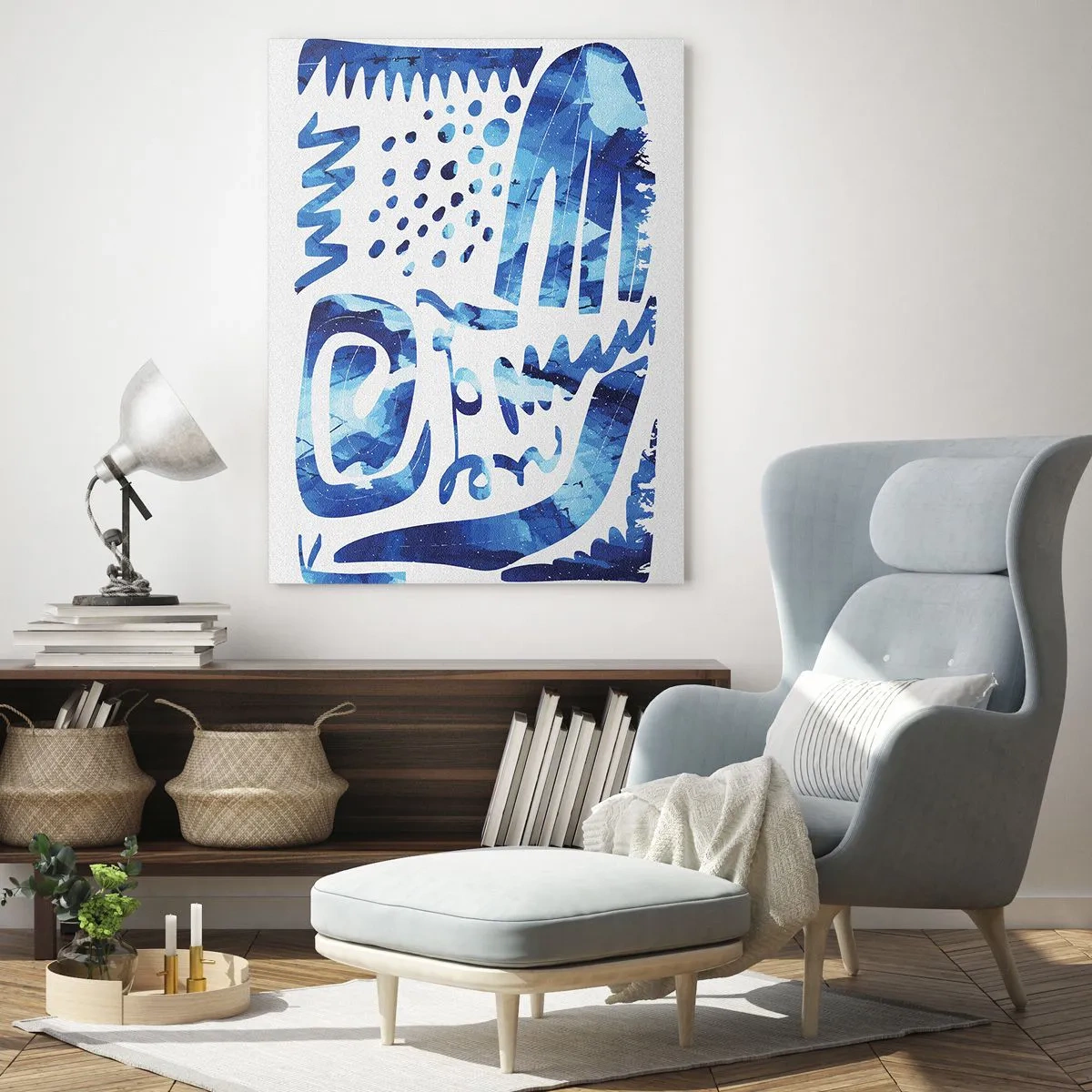 Impression sur verre - Image sur verre - Abstraction bleue dynamique avec des formes géométriques - 50x70cm - Retour aux racines - Décoration murale moderne pour le salon et la chambre ARTTOR