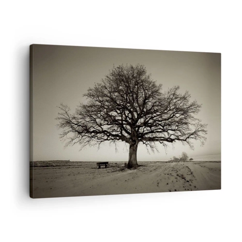 Impression sur toile - Image sur toile - Un arbre solitaire dans un champ de sépia - 70x50cm - D'ici à l'éternité - Décoration murale moderne pour le salon et la chambre ARTTOR