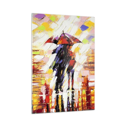 Impression sur verre - Image sur verre - Un couple sous un parapluie rouge dans une ville colorée - 50x70cm - Ensemble à travers la nuit et la pluie - Décoration murale moderne pour le salon et la chambre ARTTOR