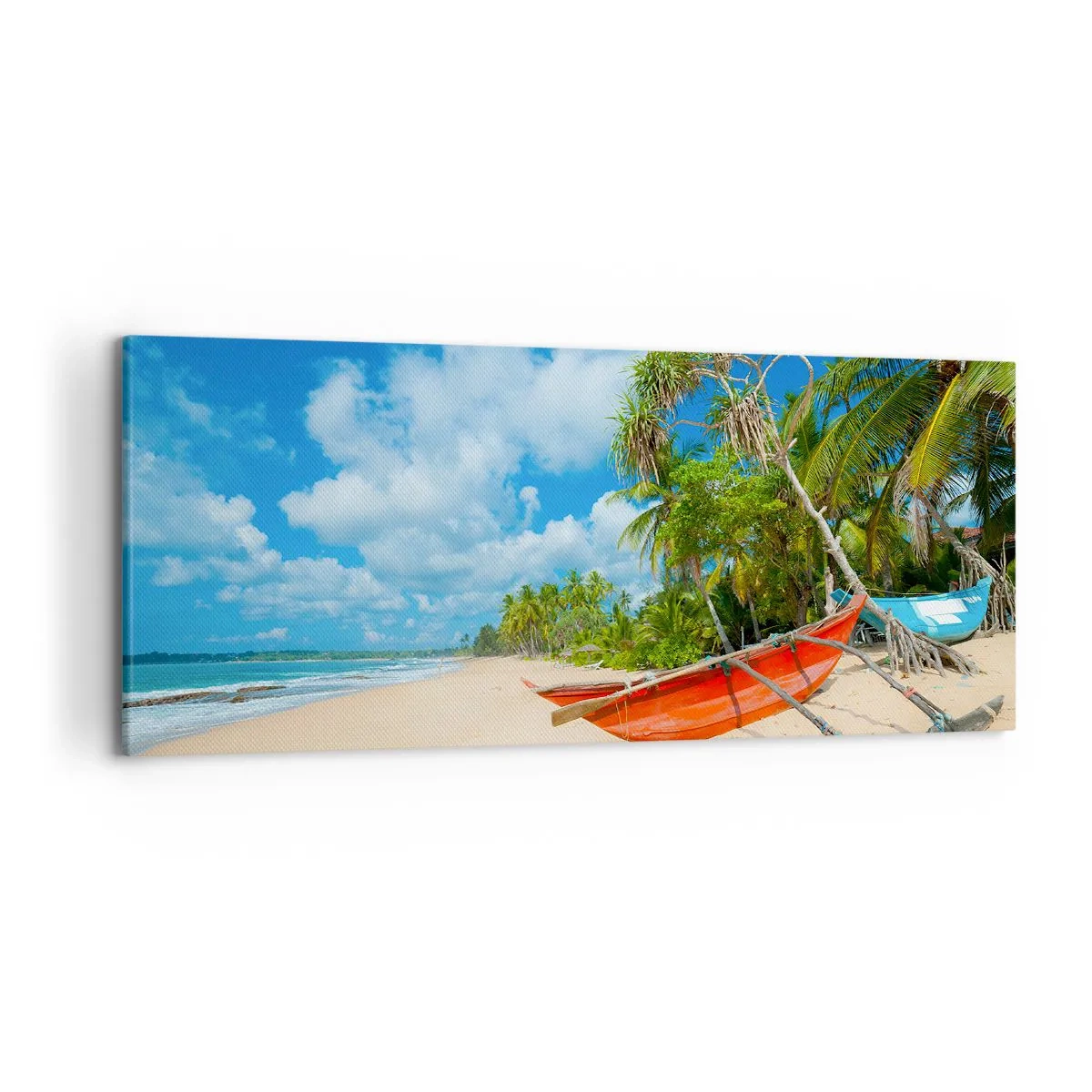 Impression sur toile - Image sur toile - Plage tropicale avec palmiers et bateaux colorés - 120x50cm - Le charme des tropiques - Décoration murale moderne pour le salon et la chambre ARTTOR