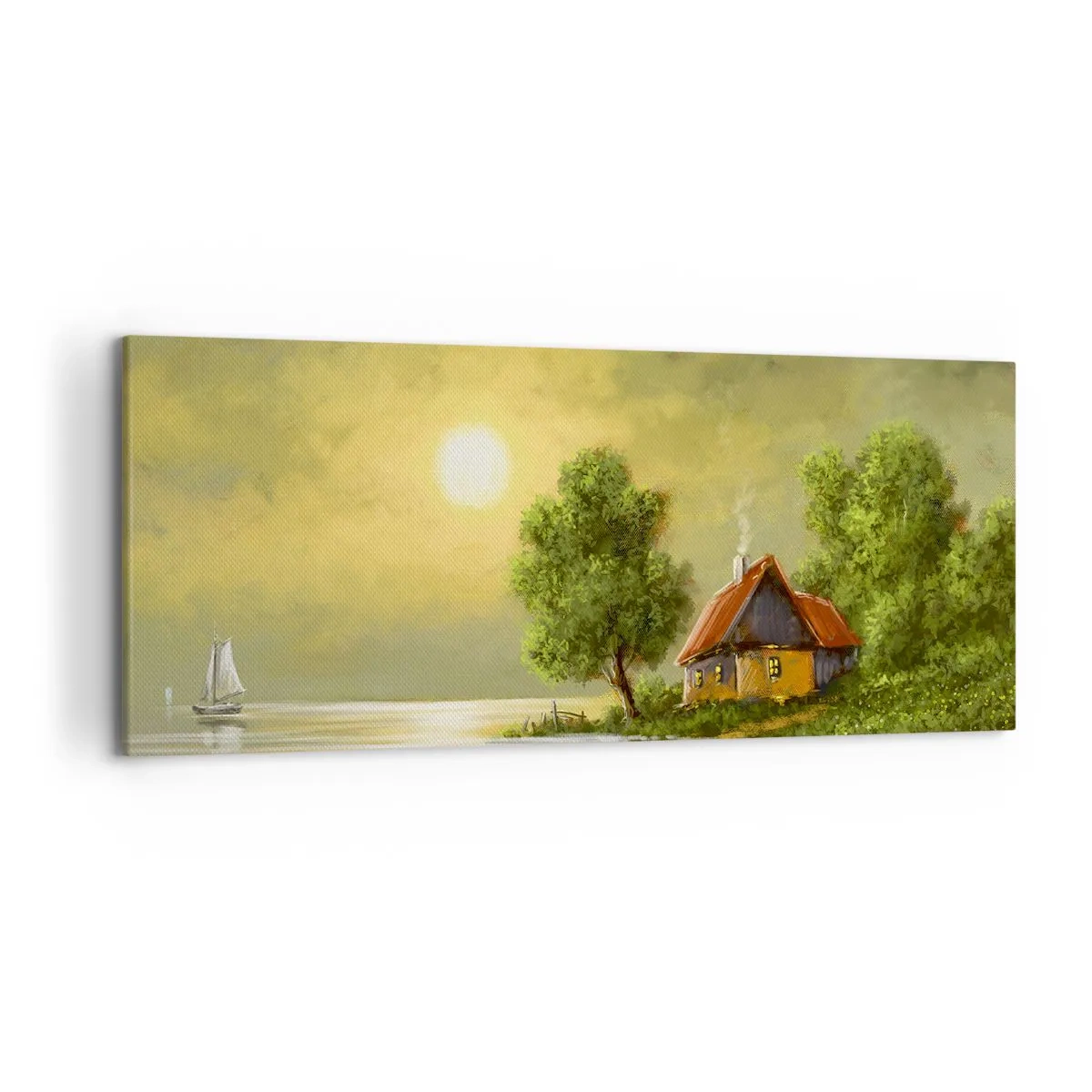 Impression sur toile - Image sur toile - Maison au bord du lac dans la lumière du coucher du soleil - 120x50cm - Beau, comme une image - Décoration murale moderne pour le salon et la chambre ARTTOR