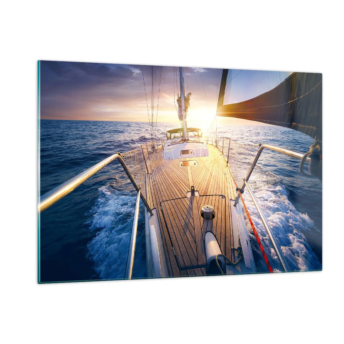 Impression sur verre - Image sur verre - Le pont d'un voilier sur fond de soleil couchant et de vagues de la mer - 120x80cm - Courir sur les vagues - Décoration murale moderne pour le salon et la chambre ARTTOR