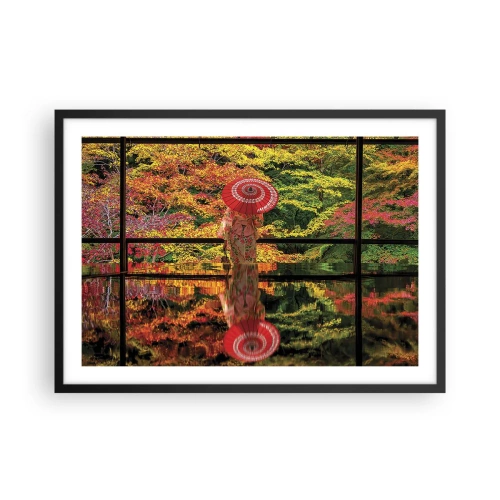 Affiche dans un cadre noir - Poster - Une femme en kimono avec un parapluie sur fond de paysage d'automne. - 70x50cm - Dans le temple de la nature - Décoration murale moderne pour le salon et la chambre ARTTOR