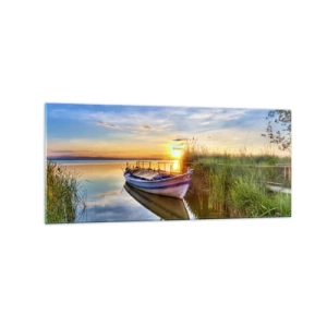 Impression sur verre - Image sur verre - Un bateau dans une baie tranquille au coucher du soleil - 120x50cm - La crique où les rêves deviennent réalité - Décoration murale moderne pour le salon et la chambre ARTTOR
