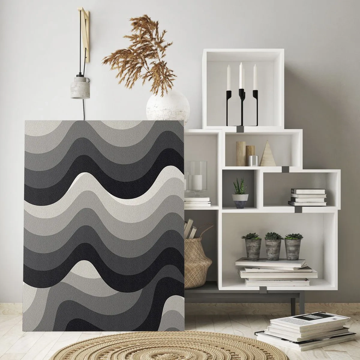 Impression sur verre - Image sur verre - Les vagues dans les tons de gris créent un motif rythmique et géométrique - 50x70cm - Vague après vague - Décoration murale moderne pour le salon et la chambre ARTTOR