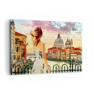 Impression sur toile - Image sur toile - Une femme admirant le paysage pittoresque au bord du canal - 100x70cm - Pour une aventure c'est uniquement dans ... - Décoration murale moderne pour le salon et la chambre ARTTOR
