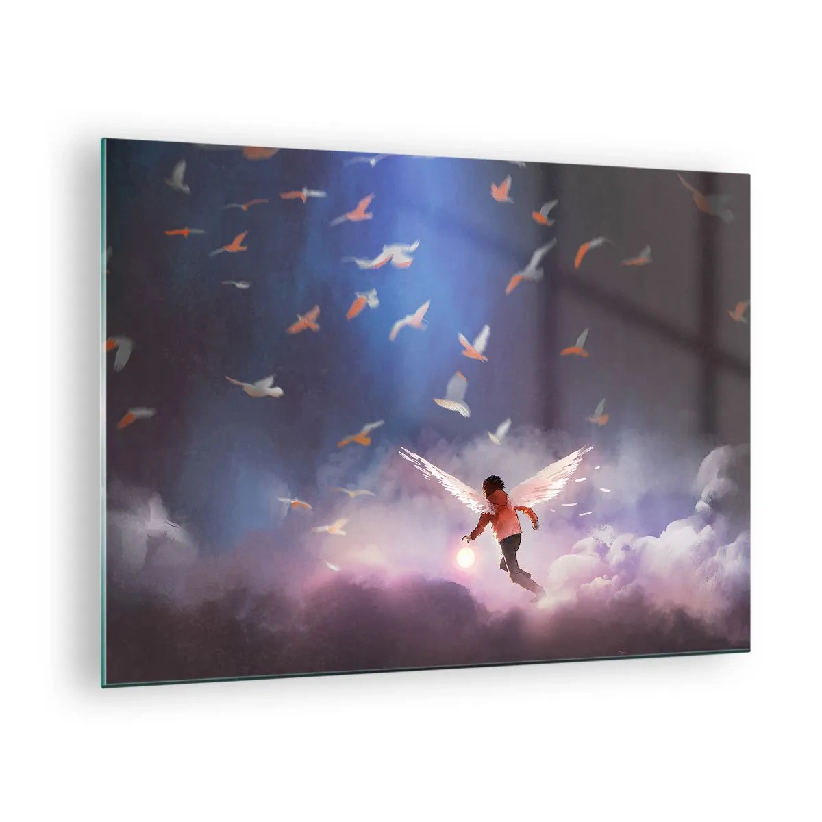 Impression sur verre - Image sur verre - Une silhouette avec des ailes d'ange flottant parmi les nuages - 70x50cm - Il faut de l'imagination et du courage - Décoration murale moderne pour le salon et la chambre ARTTOR