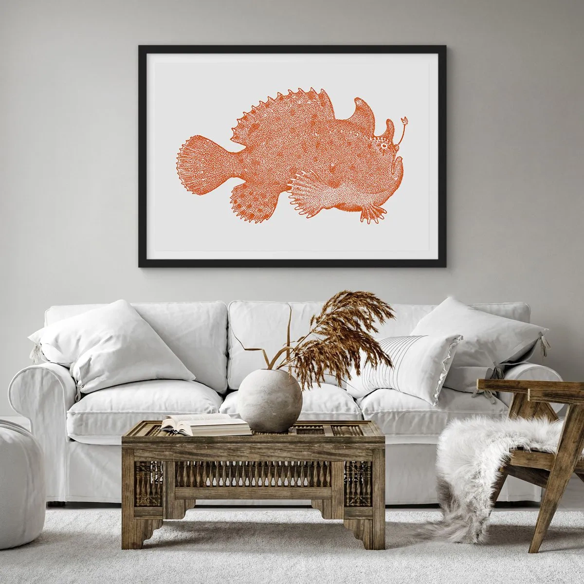 Affiche dans un cadre noir - Poster - Dessin détaillé d'un poisson cuivré sur fond blanc - 100x70cm - Et pourtant un poisson - Décoration murale moderne pour le salon et la chambre ARTTOR