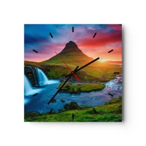 Horloge murale - Pendule murale - Cascade pittoresque et montagne au coucher du soleil - 30x30cm - Islande - feu et eau - Décoration murale moderne pour le salon et la chambre ARTTOR