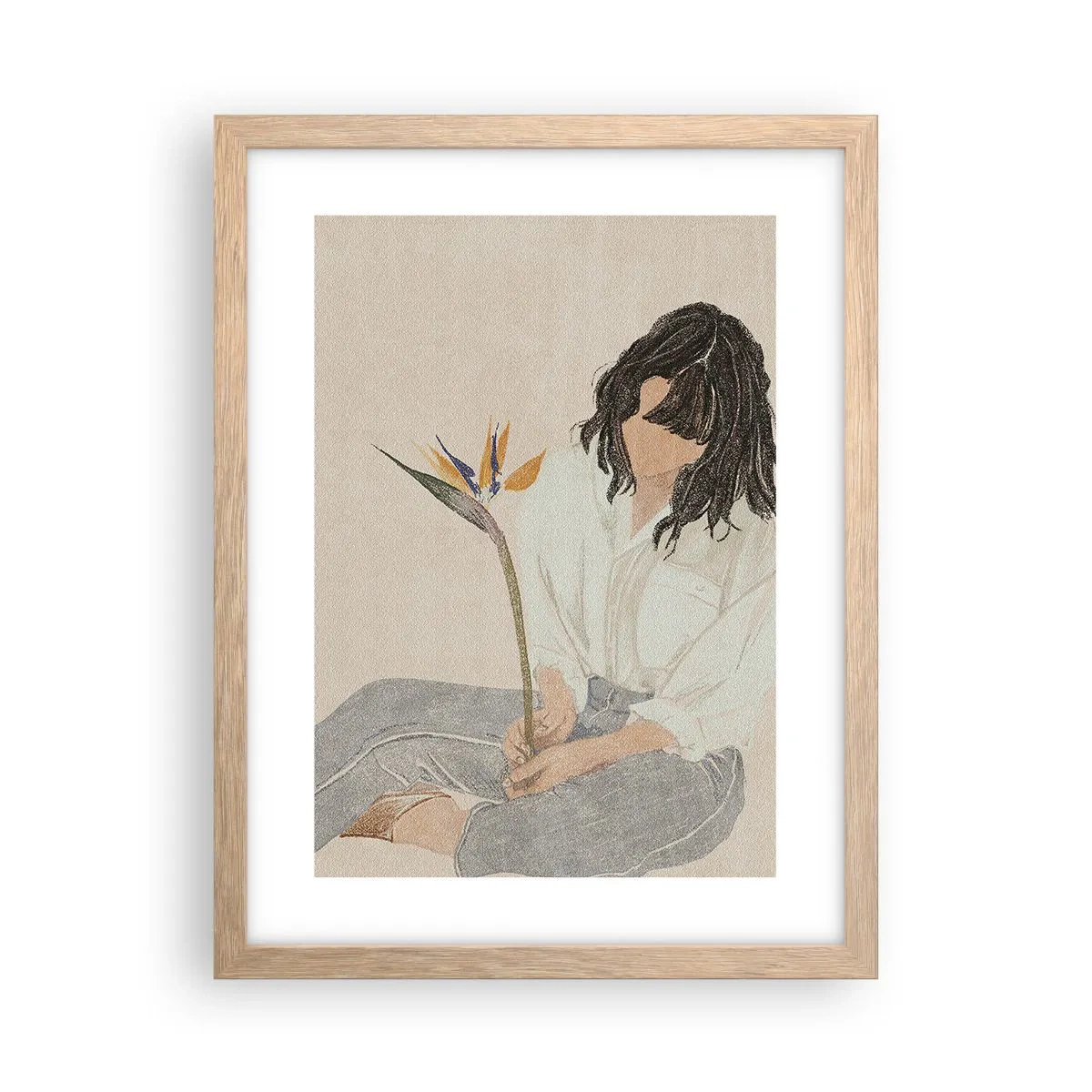 Affiche dans un chêne clair - Poster - Portrait avec une fleur exotique - 30x40 cm