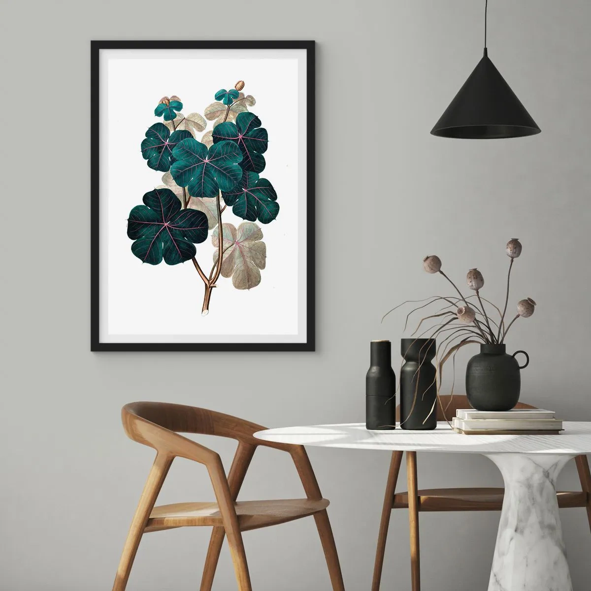 Affiche dans un cadre noir - Poster - Illustration botanique avec des feuilles vert foncé sur fond clair - 50x70cm - De l'ancien herbier - Décoration murale moderne pour le salon et la chambre ARTTOR