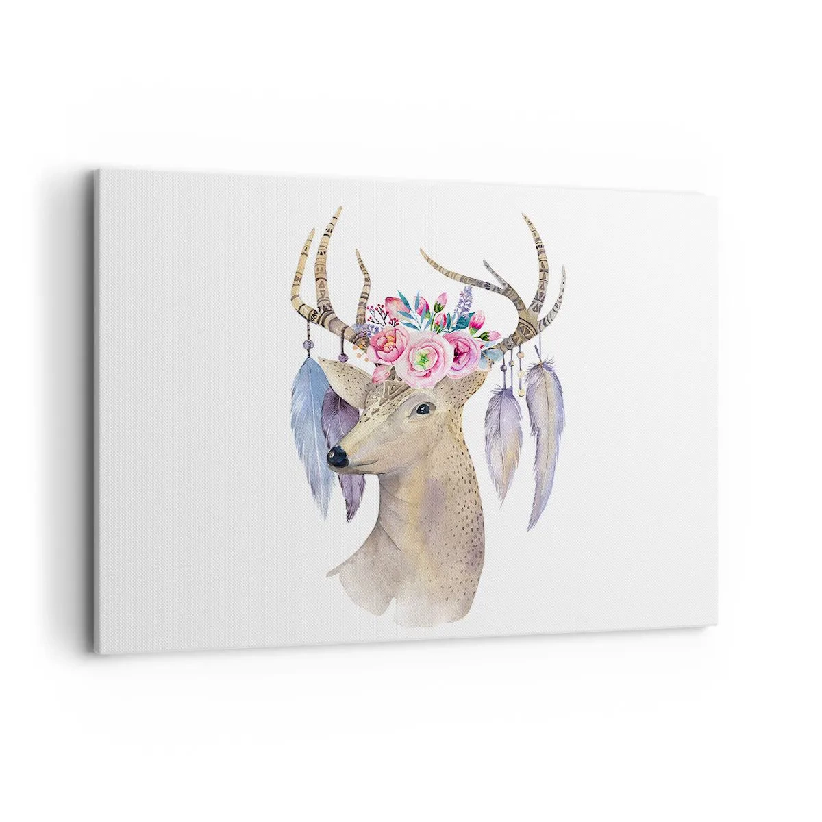 Impression sur toile - Image sur toile - Cerf romantique avec fleurs et plumes - 100x70cm - Guide de l'âme - doux, innocent - Décoration murale moderne pour le salon et la chambre ARTTOR
