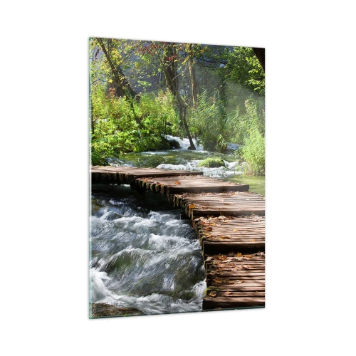Impression sur verre - Image sur verre - Un pont en bois sur un ruisseau tumultueux - 50x70cm - Au-dessus de la cascade mousseuse - Décoration murale moderne pour le salon et la chambre ARTTOR