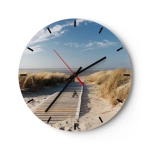 Horloge murale - Pendule murale - Chemin en bois sur la plage avec vue sur la mer - 30x30cm - Derrière la dune, dans le bruissement de l'herbe - Décoration murale moderne pour le salon, la cuisine et la chambre ARTTOR