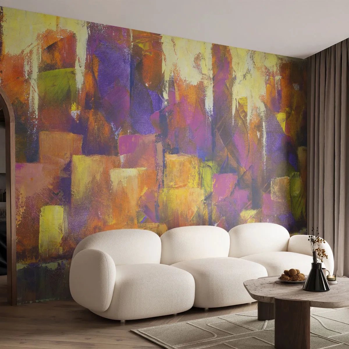 Papier Peint Photo Premium Sand - Une ville abstraite aux tons violets, orange et or. - 100x70cm - Composition métropolitaine - Décoration murale moderne pour le salon et la chambre ARTTOR