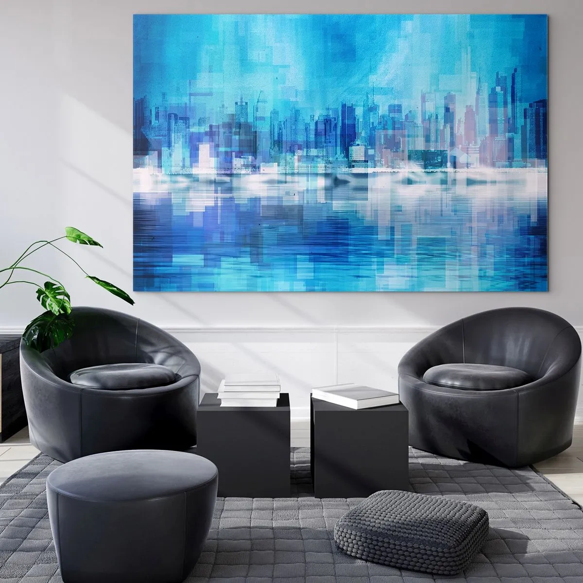 Impression sur verre - Image sur verre - Un panorama urbain moderne dans des tons bleus - 100x70cm - Noyé dans le bleu - Décoration murale moderne pour le salon et la chambre ARTTOR