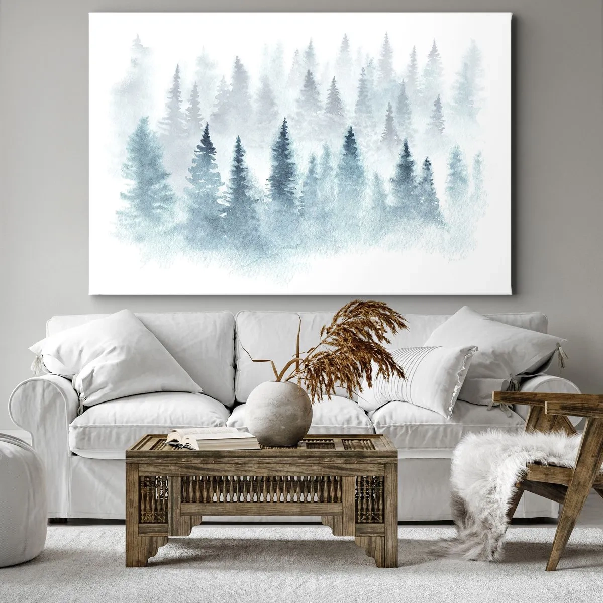 Impression sur toile - Image sur toile - Forêts de conifères baignées d'un brouillard délicat - 70x50cm - Enveloppé de brouillard - Décoration murale moderne pour le salon et la chambre ARTTOR