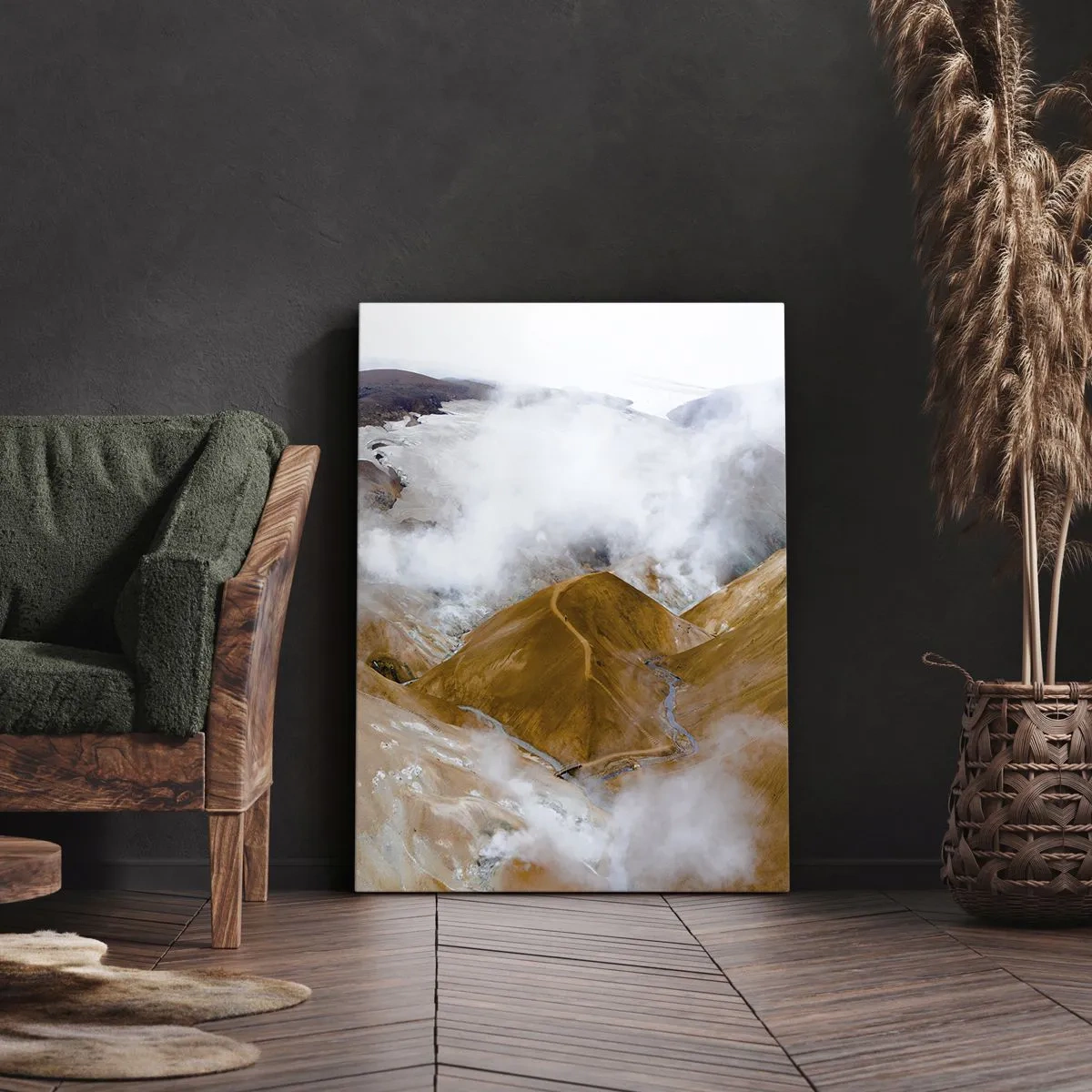 Impression sur toile - Image sur toile - Un paysage de montagne avec de la vapeur dans un climat rigoureux - 70x100cm - Le charme brut de l'Islande - Décoration murale moderne pour le salon et la chambre ARTTOR