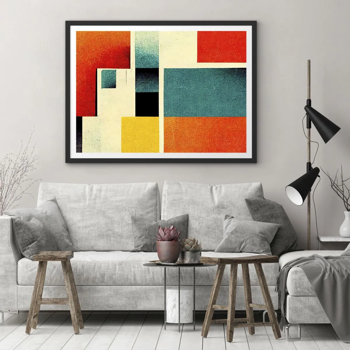Affiche dans un cadre noir - Poster - Abstraction géométrique avec des rectangles et des carrés colorés - 100x70cm - Abstraction géométrique – bonne énergie - Décoration murale moderne pour le salon et la chambre ARTTOR