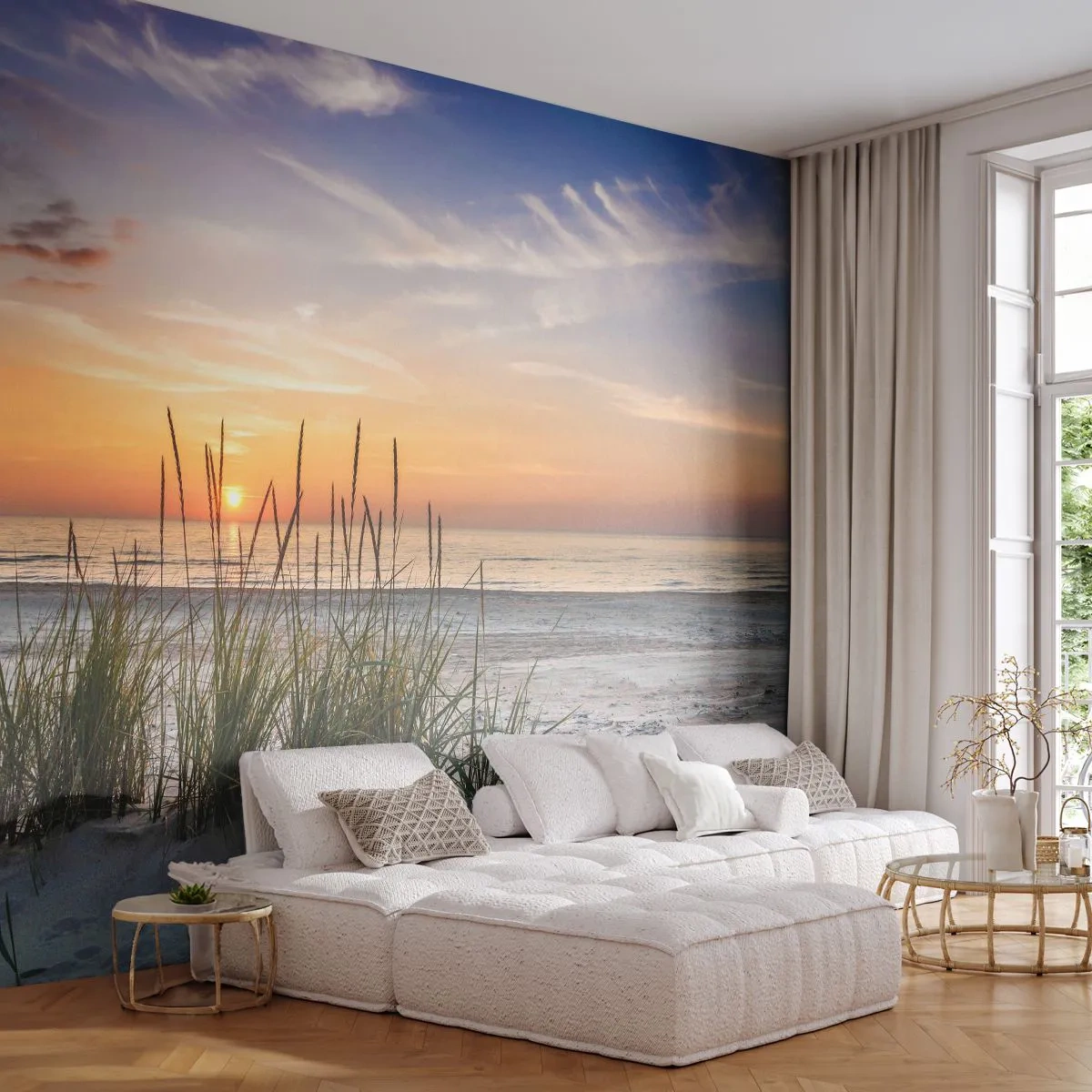 Papier Peint Photo Premium Sand - Plage de sable au lever du soleil avec végétation de dunes - 100x70cm - Regarde, pense, ressent - Décoration murale moderne pour le salon et la chambre ARTTOR