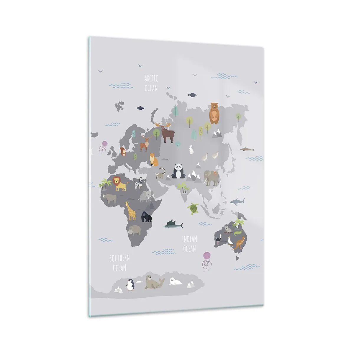 Impression sur verre - Image sur verre - Carte du monde illustrée avec des animaux caractéristiques - 50x70cm - Dis-moi d'où tu viens... - Décoration murale moderne pour le salon et la chambre ARTTOR