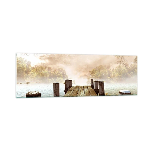 Impression sur verre - Image sur verre - Une jetée en bois menant à un lac calme dans la brume matinale - 160x50cm - La douce tristesse de l'automne - Décoration murale moderne pour le salon et la chambre ARTTOR