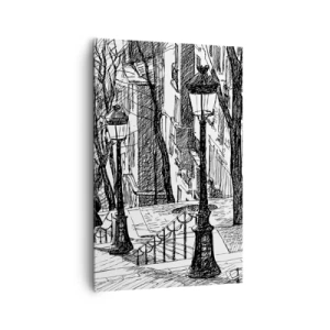 Impression sur toile - Image sur toile - Une rue avec des lampadaires et une silhouette humaine en technique d'esquisse - 80x120cm - Une histoire d'amour ou une histoire d'horreur ? - Décoration murale moderne pour le salon et la chambre ARTTOR
