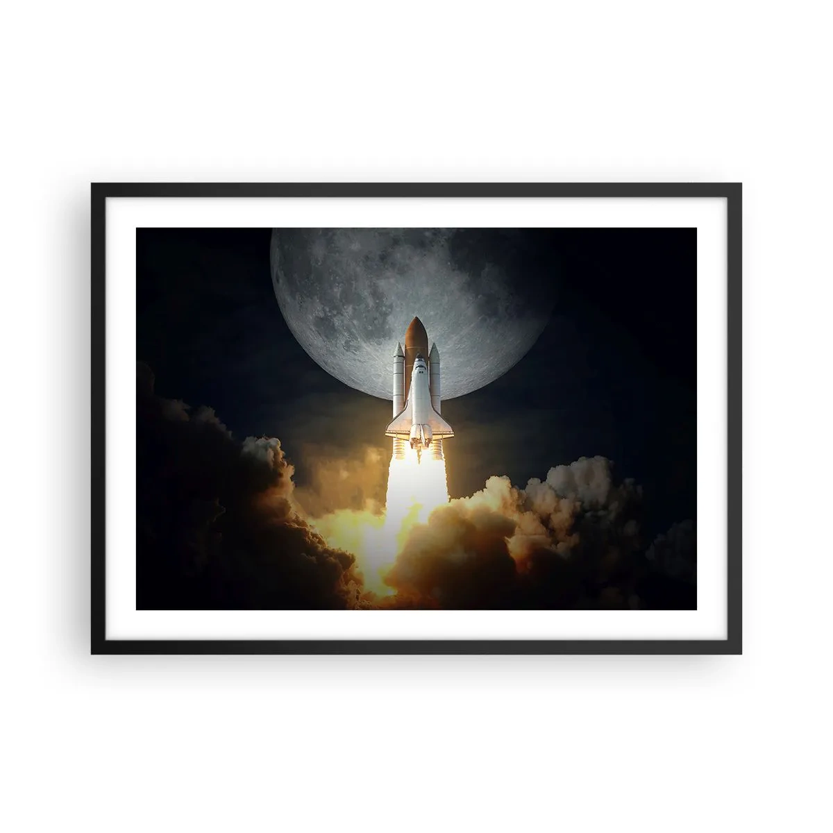 Affiche dans un cadre noir - Poster - Une fusée décollant sur fond de pleine lune entourée de nuages dynamiques. - 70x50cm - Le début d'une aventure surnaturelle - Décoration murale moderne pour le salon et la chambre ARTTOR