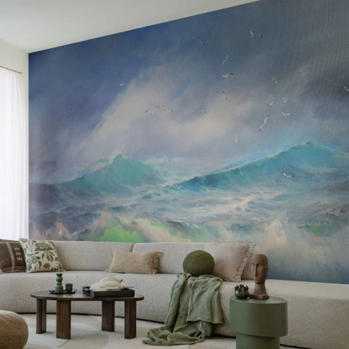 Papier Peint Photo Premium Sand - De puissantes vagues océaniques dans un environnement orageux - 100x70cm - "Le tourbillon hurlait de triomphe..." - Décoration murale moderne pour le salon et la chambre ARTTOR