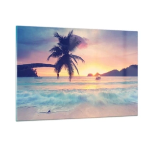 Impression sur verre - Image sur verre - Plage de palmiers au coucher du soleil avec un bateau à l'horizon - 120x80cm - Une soirée à la baie - Décoration murale moderne pour le salon et la chambre ARTTOR