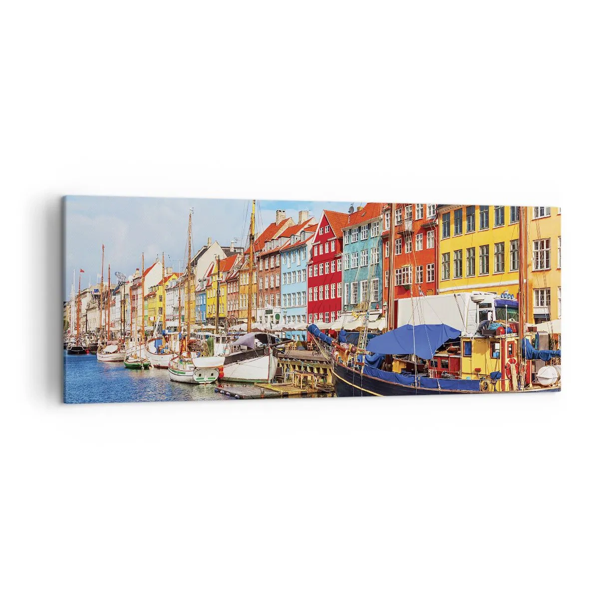 Impression sur toile - Image sur toile - Maisons colorées sur le canal avec des bateaux au soleil - 140x50cm - Quai joyeux - Décoration murale moderne pour le salon et la chambre ARTTOR