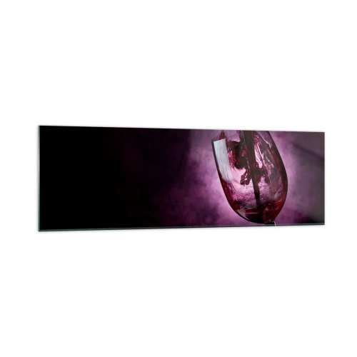 Impression sur verre - Image sur verre - Du vin rouge versé dans un verre sur fond de fumée violette - 160x50cm - Écarlate? Carmin? Non, rubis. - Décoration murale moderne pour le salon et la chambre ARTTOR