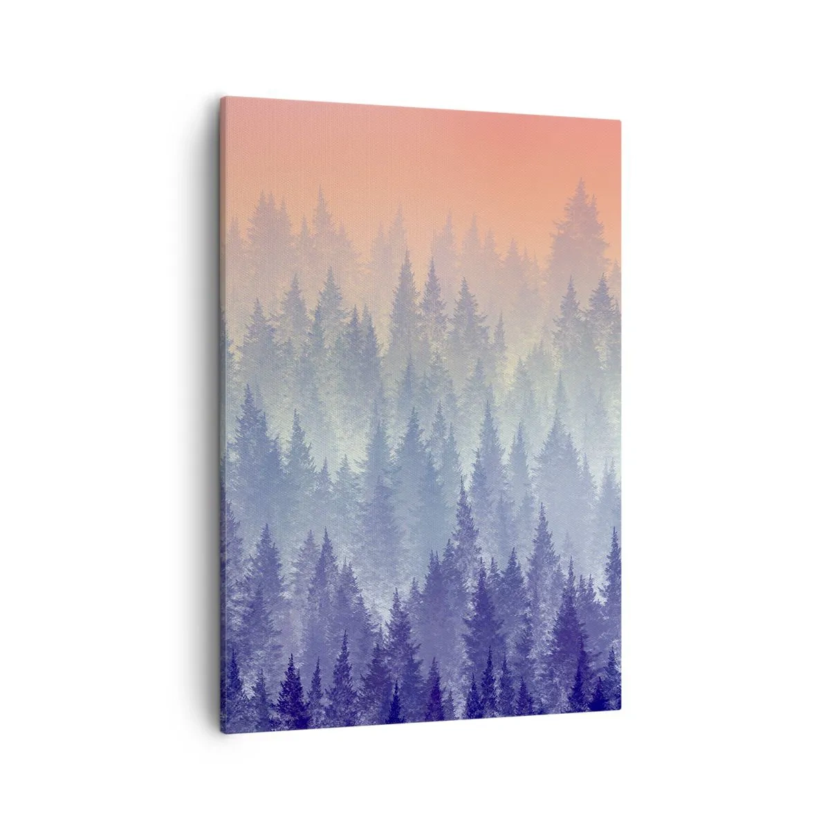 Impression sur toile - Image sur toile - Une forêt brumeuse aux tons violets et orange - 50x70cm - Haut, plus haut, vers le ciel - Décoration murale moderne pour le salon et la chambre ARTTOR