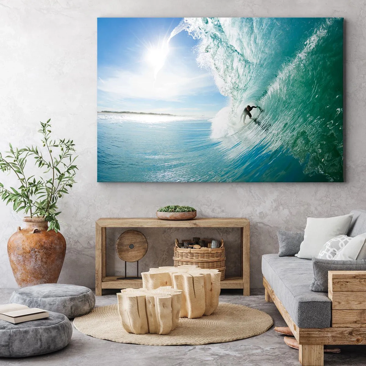 Impression sur toile - Image sur toile - Un surfeur chevauchant une vague au soleil contre un ciel bleu - 70x50cm - Toujours sur la vague - Décoration murale moderne pour le salon et la chambre ARTTOR