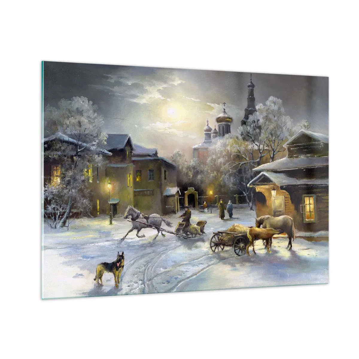 Impression sur verre - Image sur verre - Paysage hivernal d'une ville illuminée par le clair de lune - 100x70cm - La magie de l'hiver russe - Décoration murale moderne pour le salon et la chambre ARTTOR