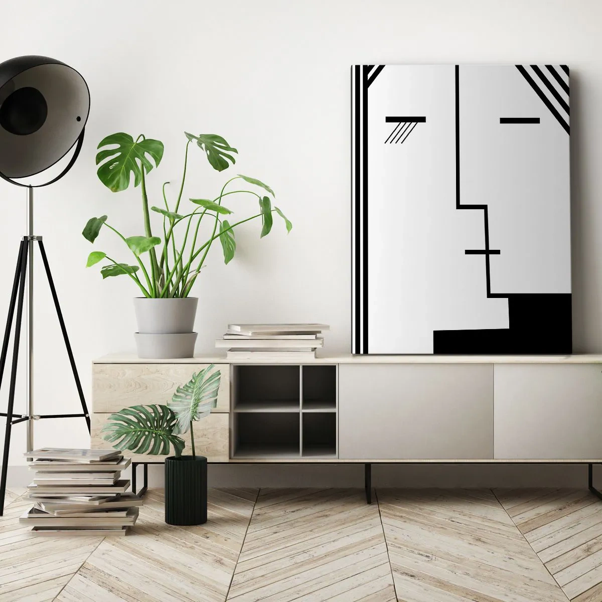 Impression sur toile - Image sur toile - Abstraction géométrique d'un baiser en noir et blanc - 70x100cm - Juste un baiser - Décoration murale moderne pour le salon et la chambre ARTTOR