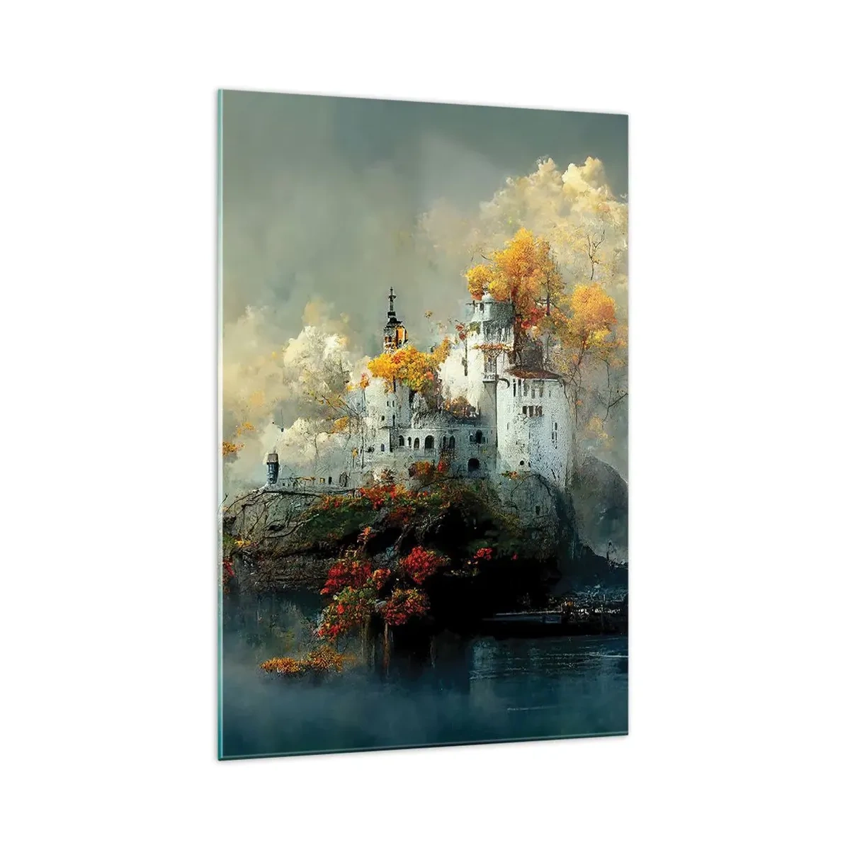 Impression sur verre - Image sur verre - Un château sur une colline entouré d'arbres d'automne - 70x100cm - Le début d'une histoire romantique - Décoration murale moderne pour le salon et la chambre ARTTOR