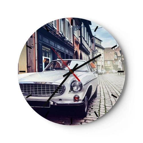 Horloge murale - Pendule murale - Une voiture classique dans une rue pavée entourée de maisons d'habitation - 30x30cm - Le passé est aujourd'hui - Décoration murale moderne pour le salon, la cuisine et la chambre ARTTOR