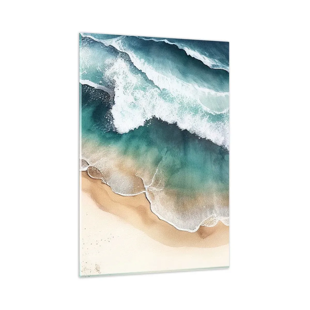 Impression sur verre - Image sur verre - Vue sur la plage et les vagues de la mer dans des tons turquoise - 80x120cm - La rencontre éternelle - Décoration murale moderne pour le salon et la chambre ARTTOR