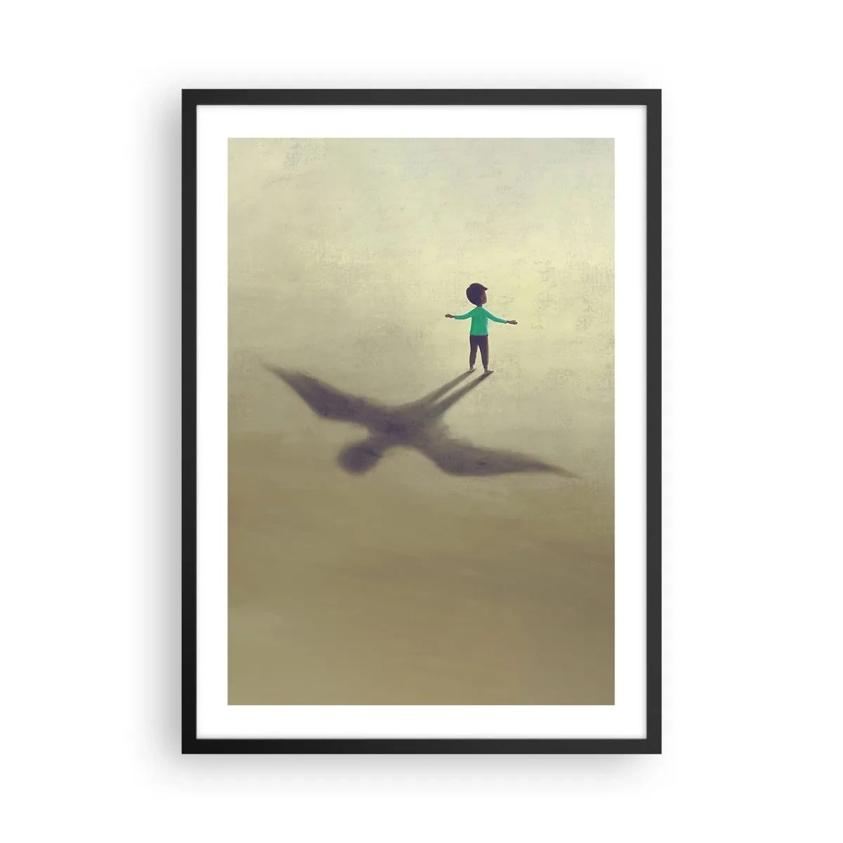Affiche dans un cadre noir - Poster - Un enfant avec l'ombre d'un oiseau sur un ciel pastel - 50x70cm - Héros du futur - Décoration murale moderne pour le salon et la chambre ARTTOR