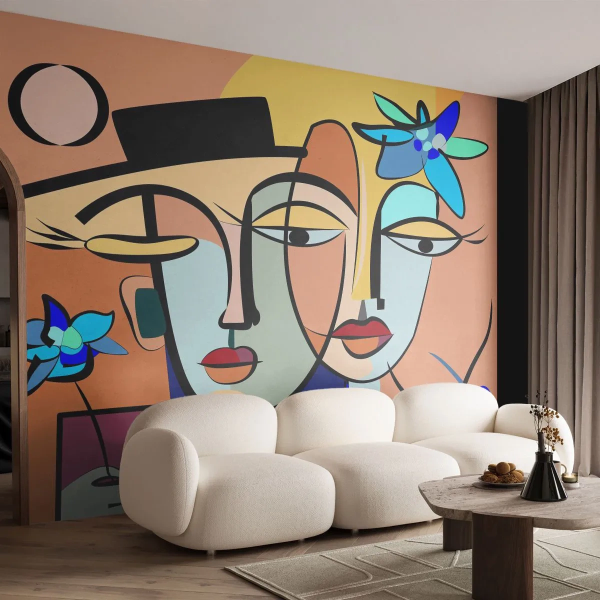 Papier Peint Photo Premium Sand - Visages abstraits de style cubiste avec des fleurs - 100x70cm - Le Rendez-vous de Picasso - Décoration murale moderne pour le salon et la chambre ARTTOR