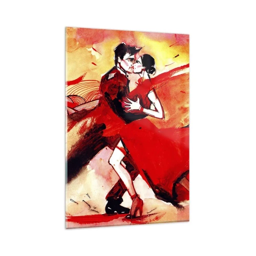 Impression sur verre - Image sur verre - Un couple dansant le tango dans des tons rouges sur un fond dynamique. - 80x120cm - Le rythme violet de la passion - Décoration murale moderne pour le salon et la chambre ARTTOR